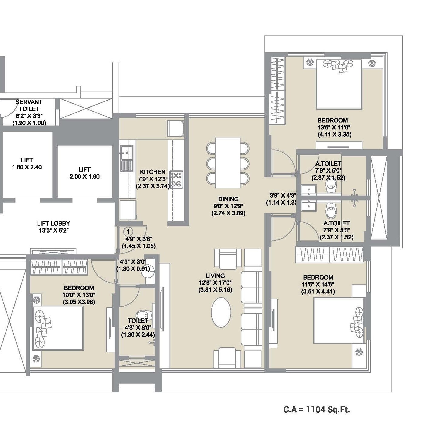 Floor plan of 3 BHK 1104 Sq. Ft. Apartment in Chandak Ideal, Mumbai