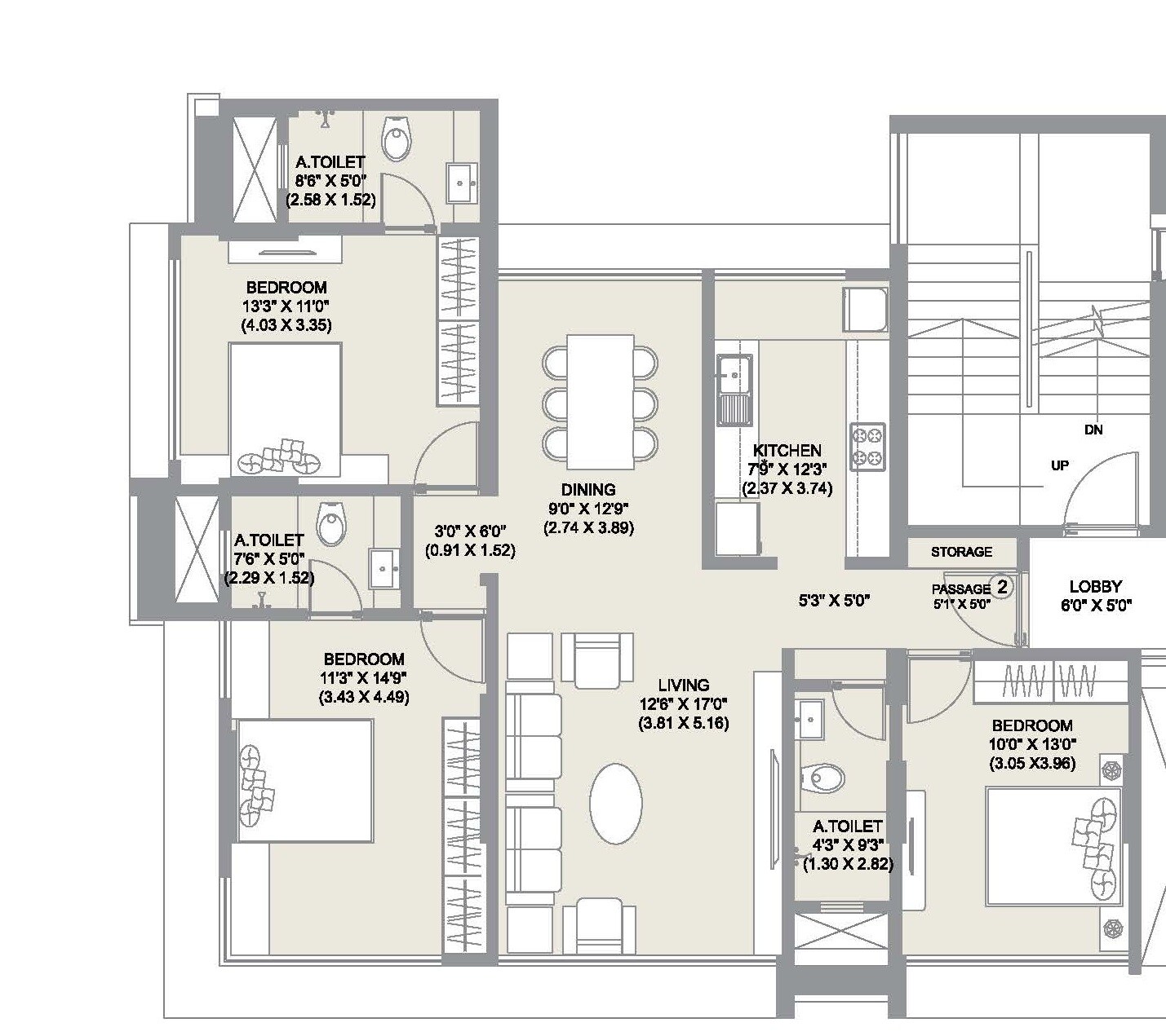 Floor plan of 3 BHK 1110 Sq. Ft. Apartment in Chandak Ideal, Mumbai