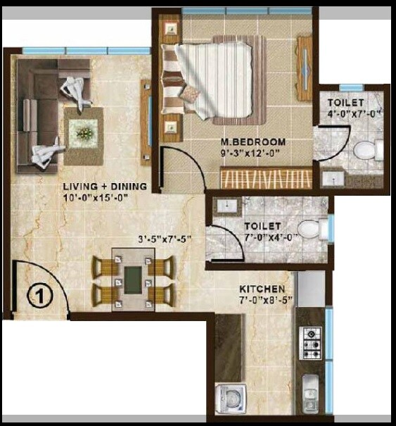 Floor plan of 1 BHK 675 Sq. Ft. Apartment in Chandak Paloma, Mumbai