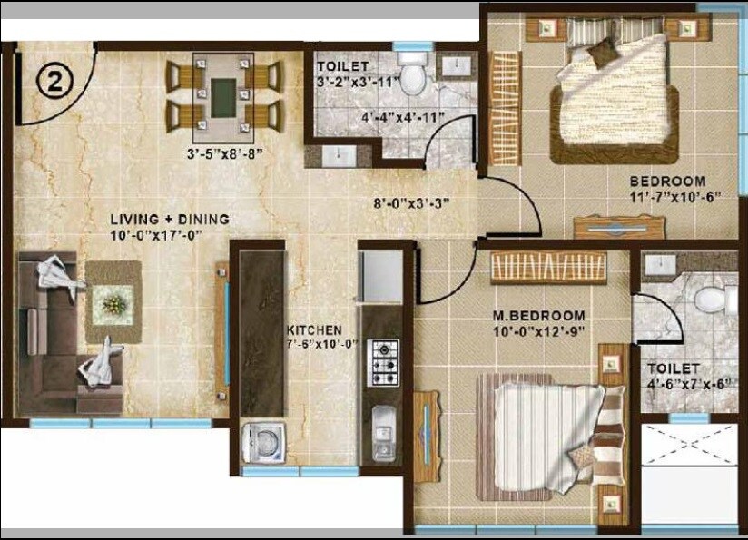 Floor plan of 2 BHK 1040 Sq. Ft. Apartment in Chandak Paloma, Mumbai