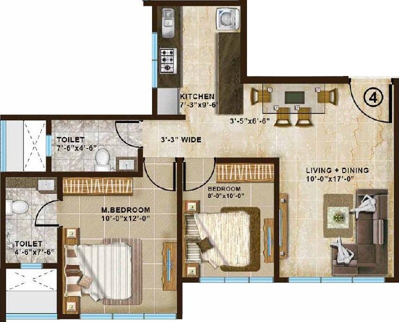 Floor plan of 2 BHK 1280 Sq. Ft. Apartment in Chandak Paloma, Mumbai