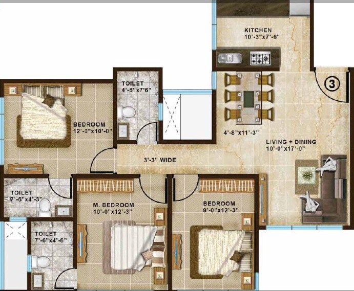 Floor plan of 3 BHK 1330 Sq. Ft. Apartment in Chandak Paloma, Mumbai