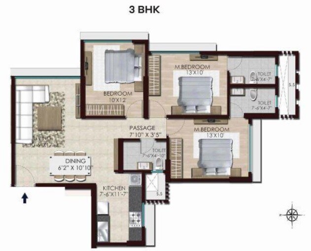 Floor plan of 3 BHK 881 Sq. Ft. Apartment in Chandak Stella, Mumbai