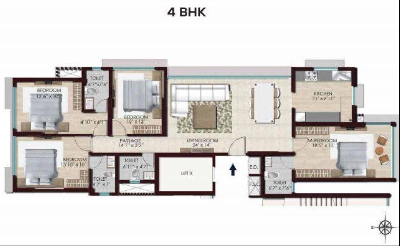 Floor plan of 4 BHK 1267 Sq. Ft. Apartment in Chandak Stella, Mumbai