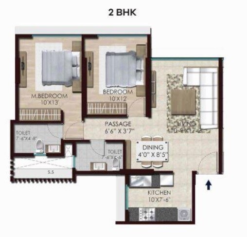Floor plan of 2 BHK 672 Sq. Ft. Apartment in Chandak Stella, Mumbai