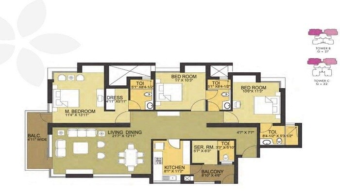 Floor plan of 3 BHK 1755 Sq. Ft. Apartment in Chandak The Park Residence, Mumbai