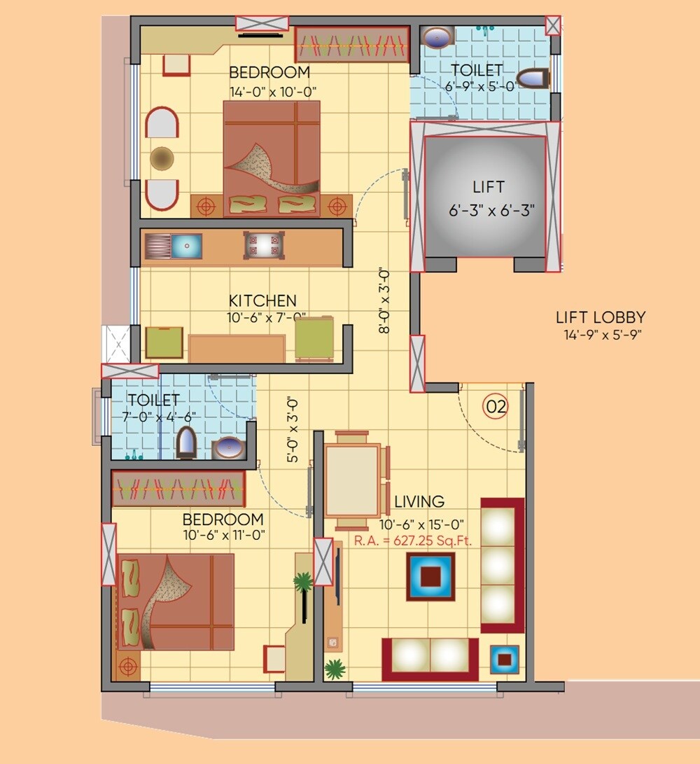 Floor plan of 2 BHK 627 Sq. Ft. Apartment in Chandiwala Pearl Castle, Mumbai