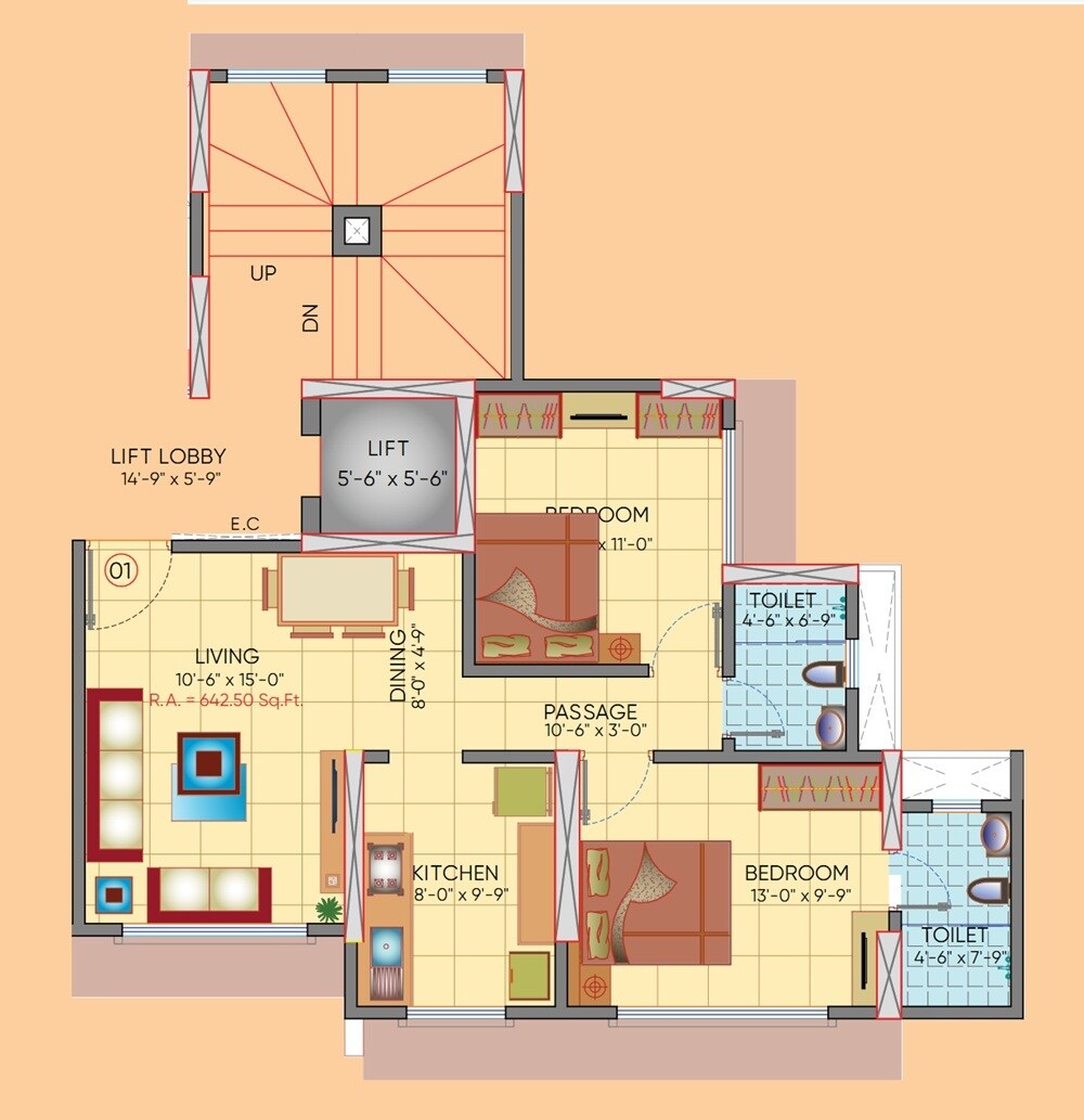 Floor plan of 2 BHK 642 Sq. Ft. Apartment in Chandiwala Pearl Castle, Mumbai