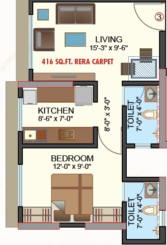 Floor plan of 1 BHK 416 Sq. Ft. Apartment in Chandiwala Pearl Regency, Mumbai