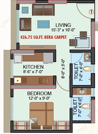 Floor plan of 1 BHK 426 Sq. Ft. Apartment in Chandiwala Pearl Regency, Mumbai