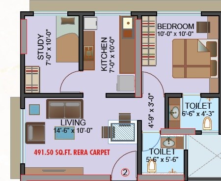 Floor plan of 2 BHK 491 Sq. Ft. Apartment in Chandiwala Pearl Regency, Mumbai