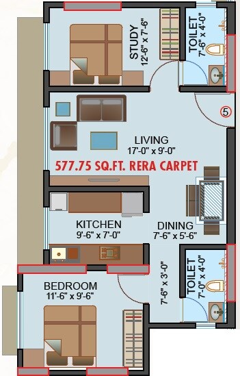 Floor plan of 2 BHK 577 Sq. Ft. Apartment in Chandiwala Pearl Regency, Mumbai