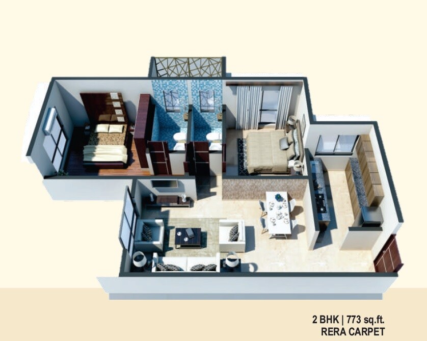 Floor plan of 2 BHK 773 Sq. Ft. Apartment in Charisma Samara, Mumbai