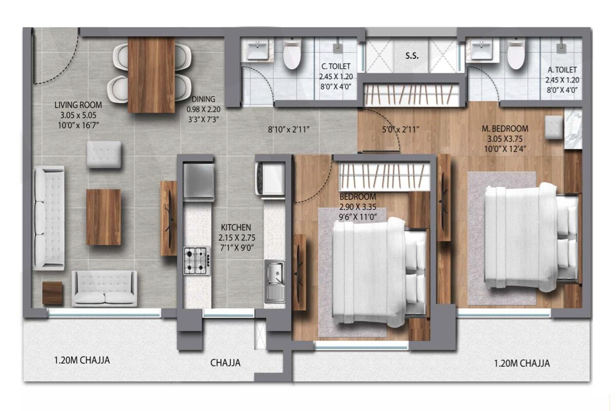2 BHK 622 Sq. Ft. Apartment