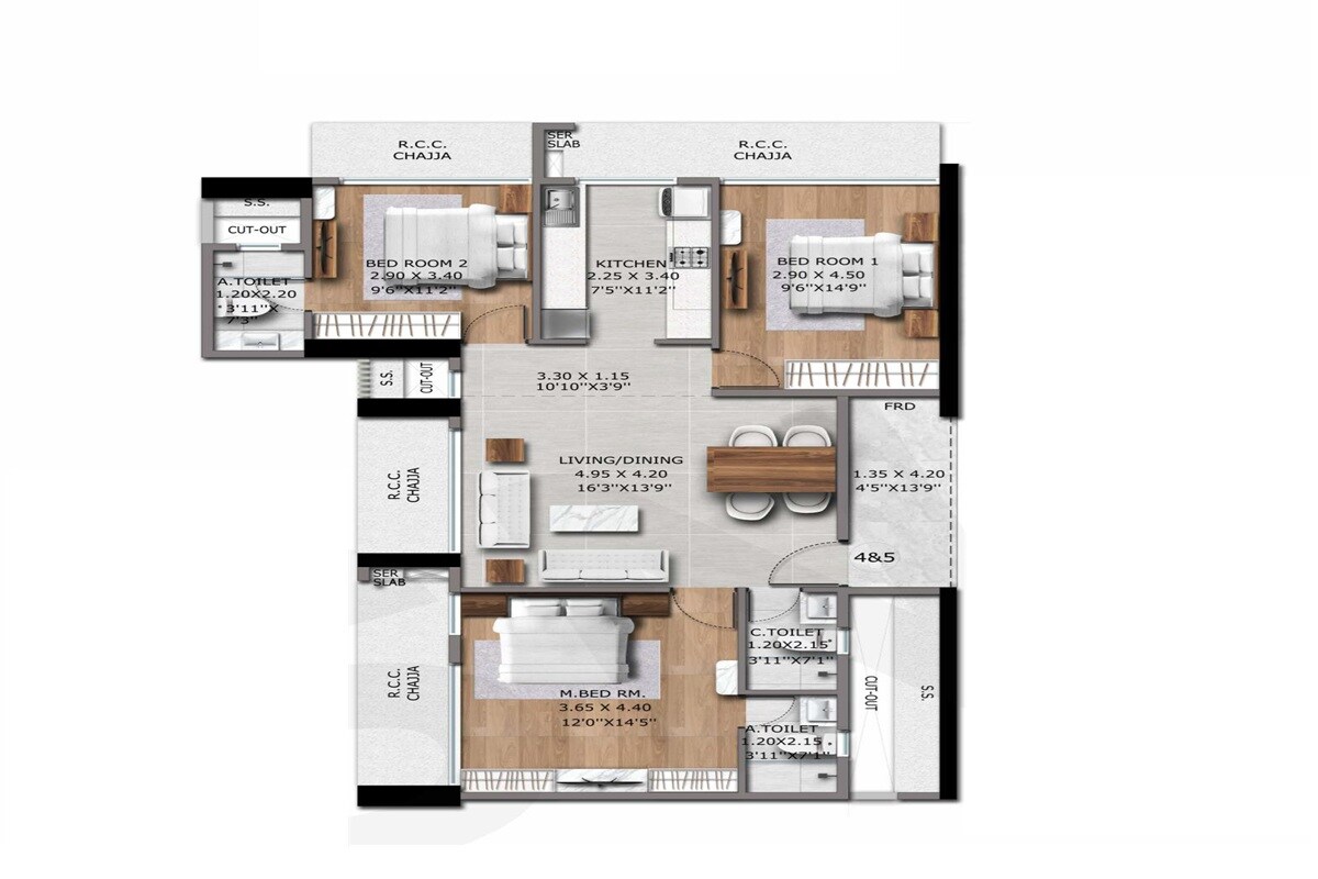 Floor plan of 3 BHK 1031 Sq. Ft. Apartment in Chheda Prem Nagar Legacy, Mumbai