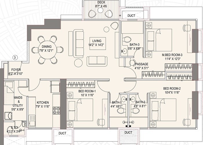 Floor plan of 3 BHK 1160 Sq. Ft. Apartment in Chintamani Aryavrat, Mumbai