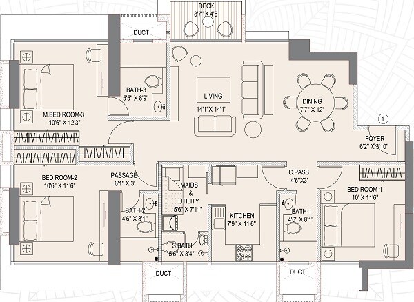 Floor plan of 3 BHK 1175 Sq. Ft. Apartment in Chintamani Aryavrat, Mumbai