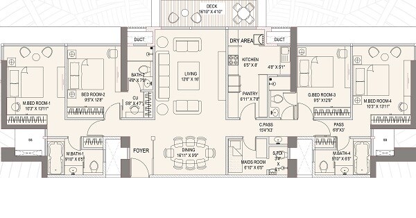 Floor plan of 4 BHK 1600 Sq. Ft. Apartment in Chintamani Aryavrat, Mumbai