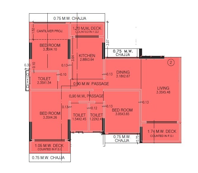 Floor plan of 3 BHK 1078 Sq. Ft. Apartment in Chirag Bhagat Grandeur, Mumbai