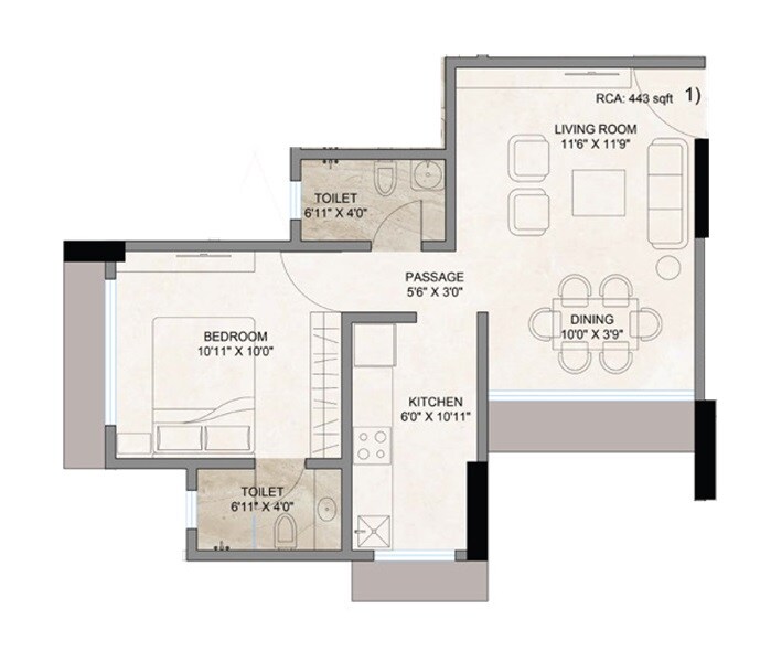 Floor plan of 1 BHK 443 Sq. Ft. Apartment in Chirag Vijayi Jwala, Mumbai