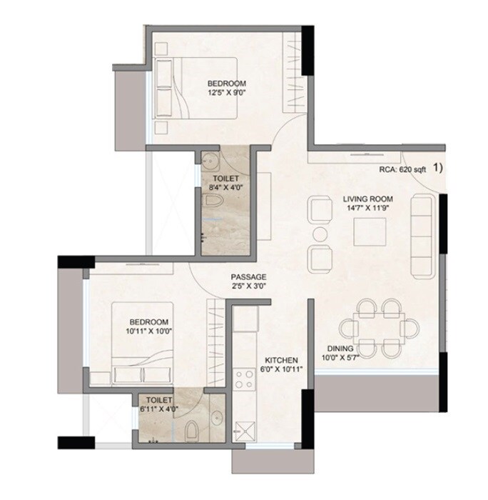 Floor plan of 2 BHK 620 Sq. Ft. Apartment in Chirag Vijayi Jwala, Mumbai
