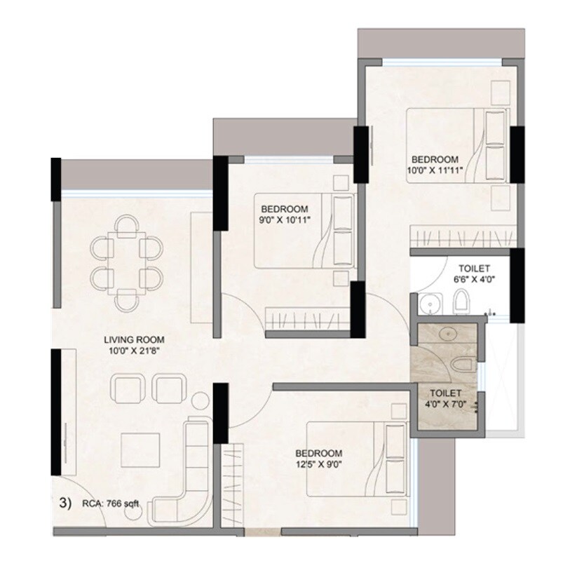 Floor plan of 3 BHK 767 Sq. Ft. Apartment in Chirag Vijayi Jwala, Mumbai