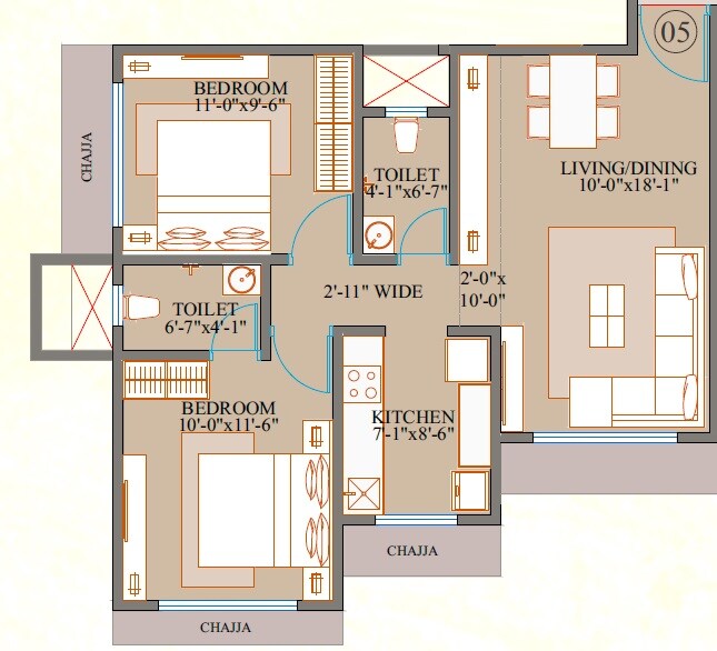 Floor plan of 2 BHK 700 Sq. Ft. Apartment in Chitalia Jaykant Bliss, Mumbai