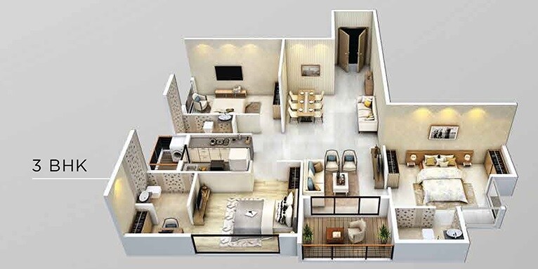 Floor plan of 3 BHK 1088 Sq. Ft. Apartment in Choice Ambe Darshan, Mumbai