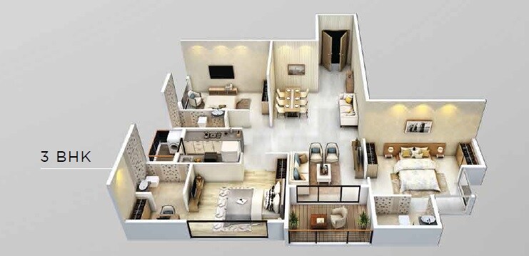 Floor plan of 3 BHK 1020 Sq. Ft. Apartment in Choice Ambe Krupa, Mumbai
