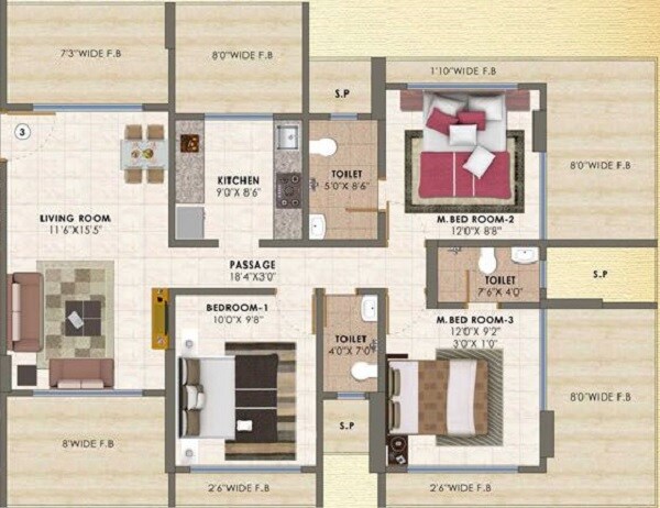 Floor plan of 3 BHK 777 Sq. Ft. Apartment in Choice Ambe Sagar, Mumbai