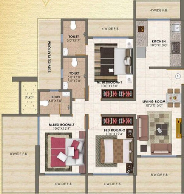 Floor plan of 3 BHK 836 Sq. Ft. Apartment in Choice Ambe Sagar, Mumbai