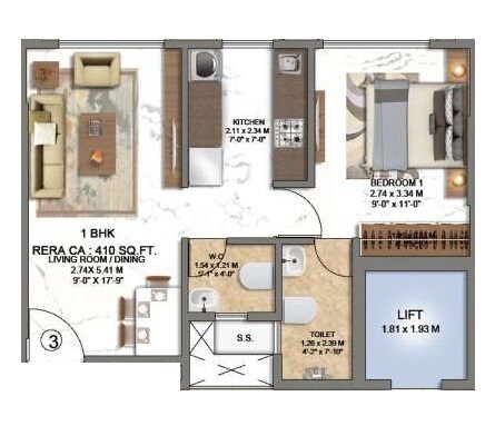 1 BHK 410 Sq. Ft. Apartment