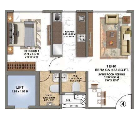 1 BHK 433 Sq. Ft. Apartment