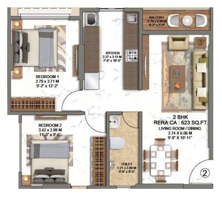 2 BHK 623 Sq. Ft. Apartment
