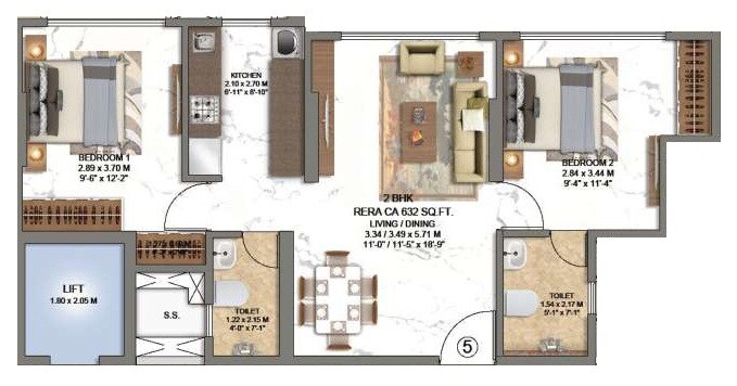 2 BHK 632 Sq. Ft. Apartment