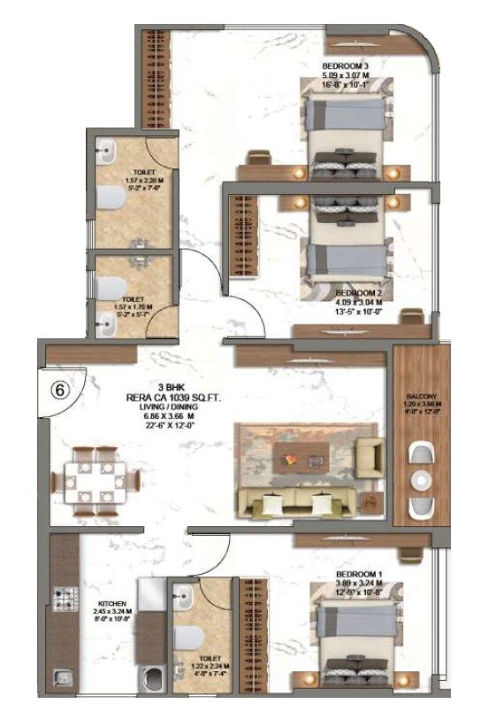 Floor plan of 3 BHK 1039 Sq. Ft. Apartment in Choice Ambe Shraddha, Mumbai