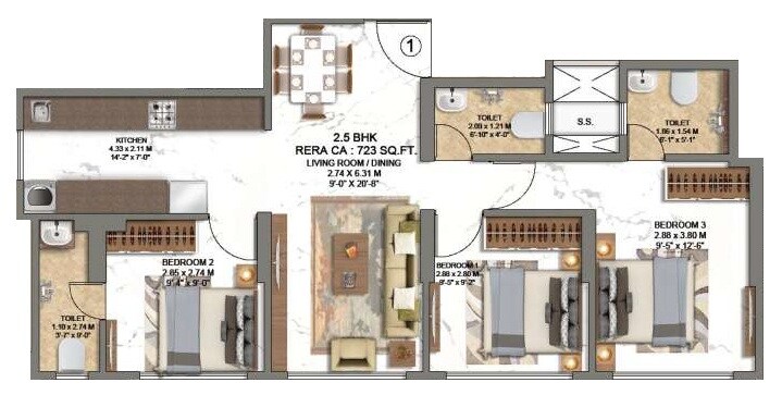 Floor plan of 3 BHK 723 Sq. Ft. Apartment in Choice Ambe Shraddha, Mumbai