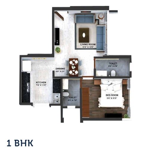 Floor plan of 1 BHK 490 Sq. Ft. Apartment in Citadel Devhans Mahesh Krupa, Mumbai