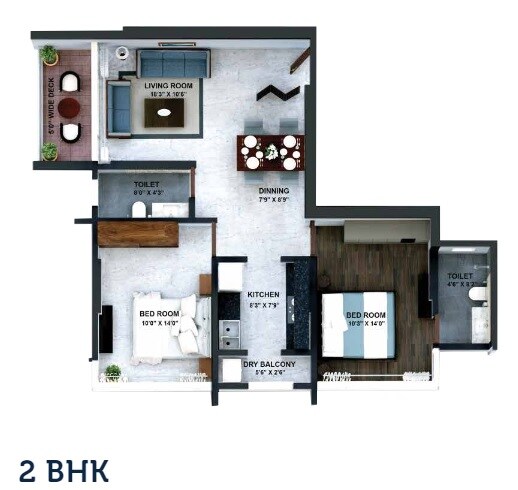 Floor plan of 2 BHK 840 Sq. Ft. Apartment in Citadel Devhans Mahesh Krupa, Mumbai
