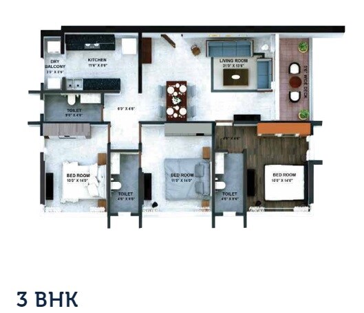 Floor plan of 3 BHK 1150 Sq. Ft. Apartment in Citadel Devhans Mahesh Krupa, Mumbai