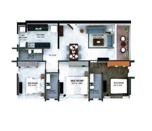 Floor plan of 3 BHK 998 Sq. Ft. Apartment in Citadel Devhans Mahesh Krupa, Mumbai
