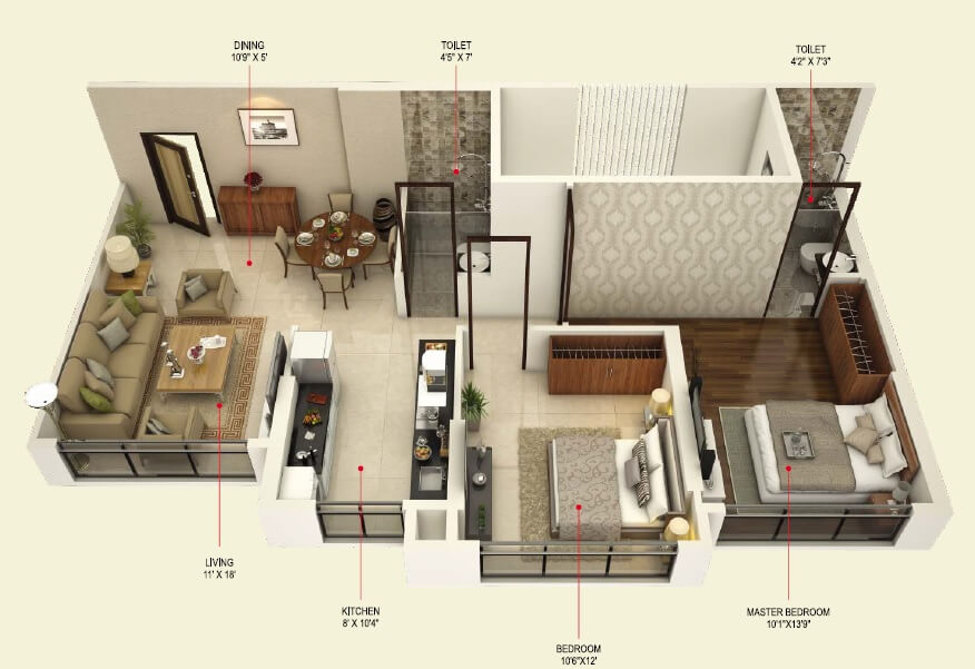 Floor plan of 2 BHK 724 Sq. Ft. Apartment in Concrete Sai Samast, Mumbai