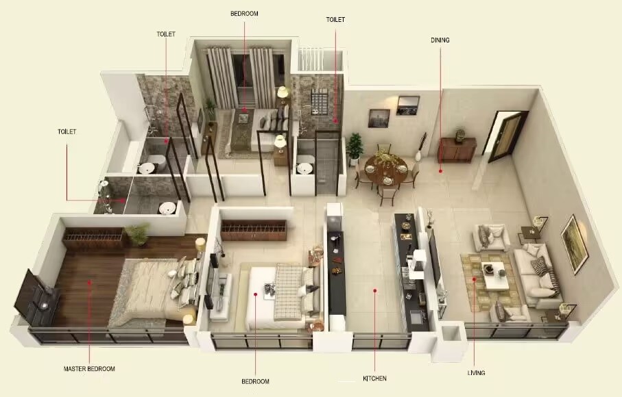 Floor plan of 3 BHK 1094 Sq. Ft. Apartment in Concrete Sai Samast, Mumbai