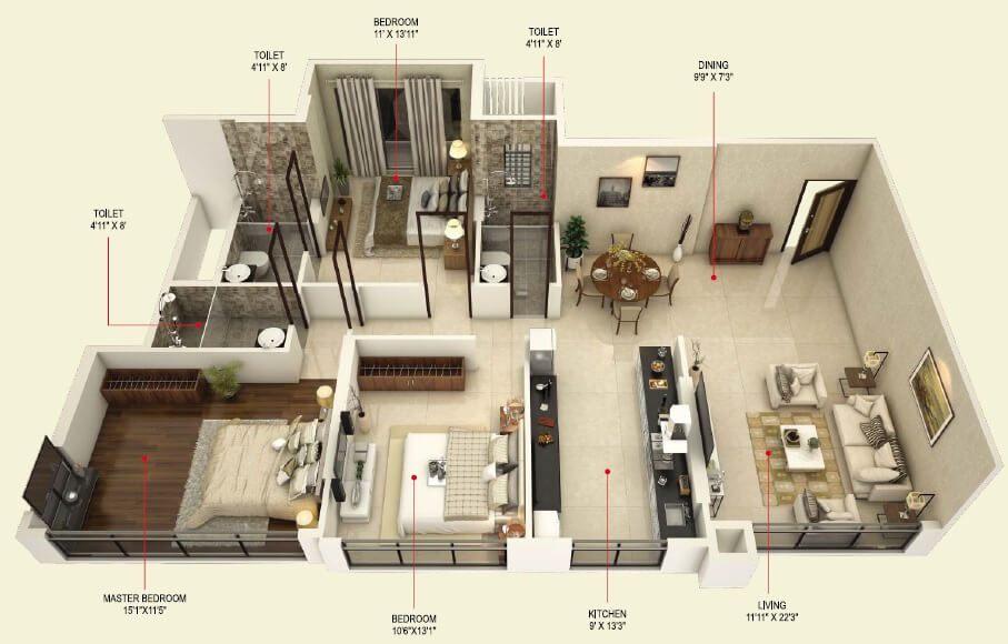 Floor plan of 3 BHK 1062 Sq. Ft. Apartment in Concrete Sai Samast, Mumbai