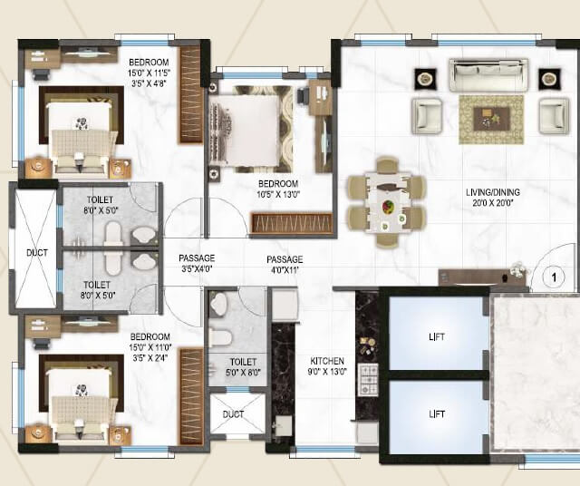Floor plan of 3 BHK 1225 Sq. Ft. Apartment in Concrete Sai Sansar, Mumbai