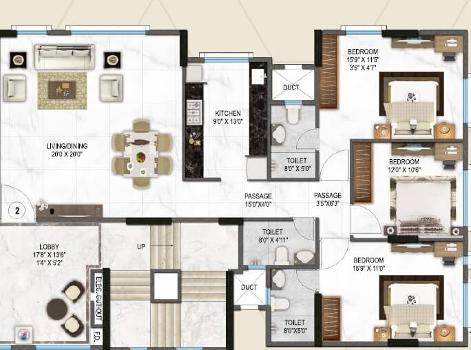 Floor plan of 3 BHK 1250 Sq. Ft. Apartment in Concrete Sai Sansar, Mumbai