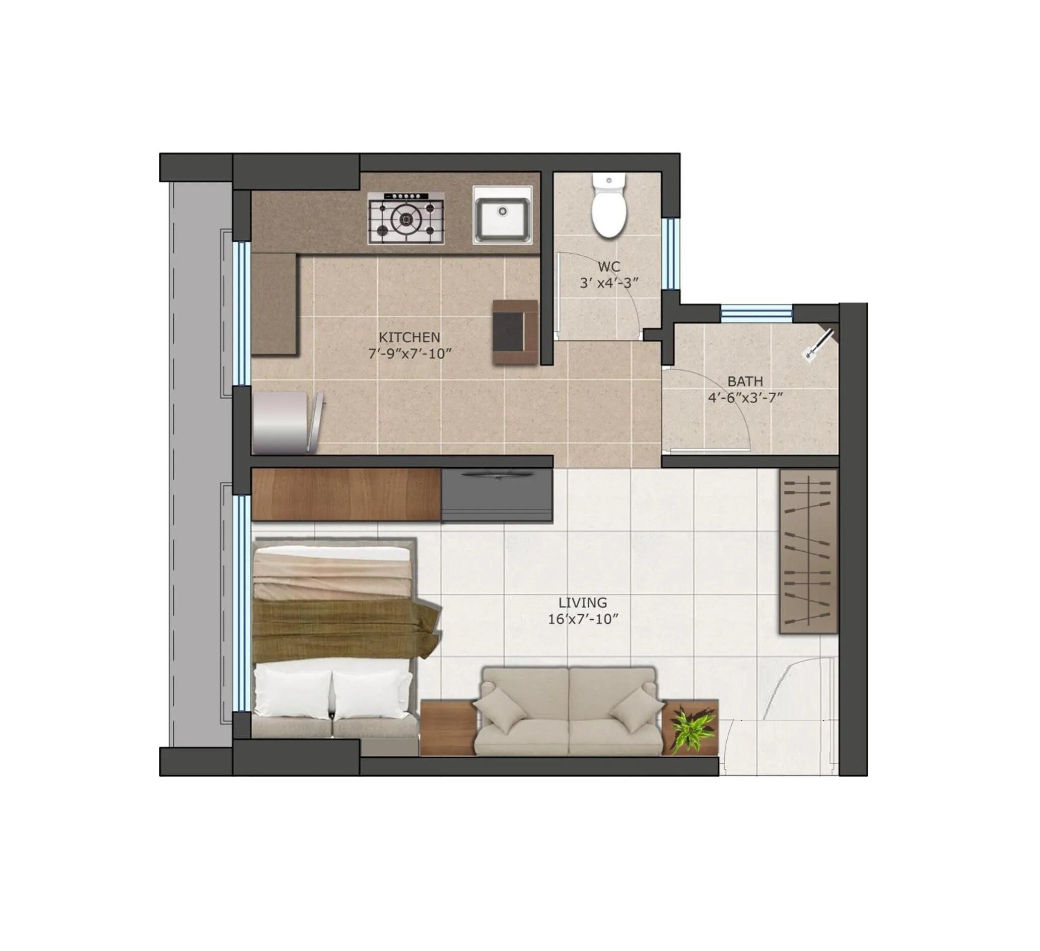 222 Sq. Ft. Studio
