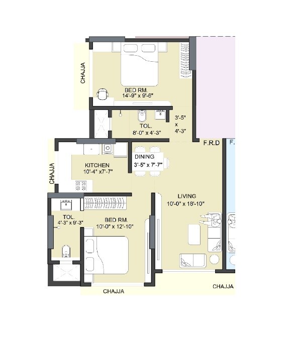 Floor plan of 2 BHK 725 Sq. Ft. Apartment in Contendre Enclave, Mumbai