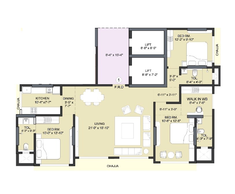Floor plan of 3 BHK 814 Sq. Ft. Apartment in Contendre Enclave, Mumbai