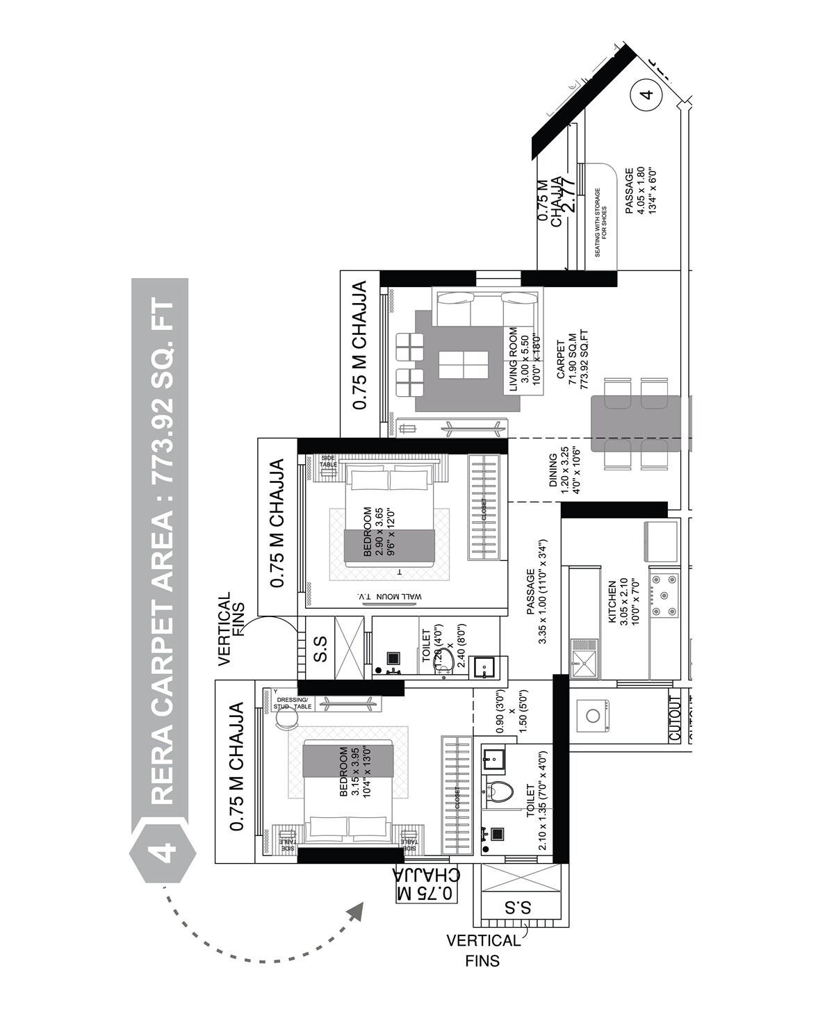 Floor plan of 2 BHK 774 Sq. Ft. Apartment in Cosmopolis Tower, Mumbai